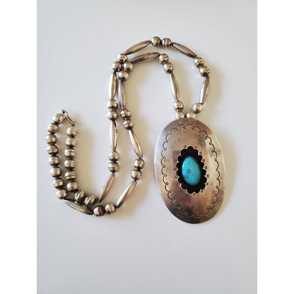 Vintage Navajo Sterling Shadowbox Turquoise Bead Necklace - Picture 1 of 10